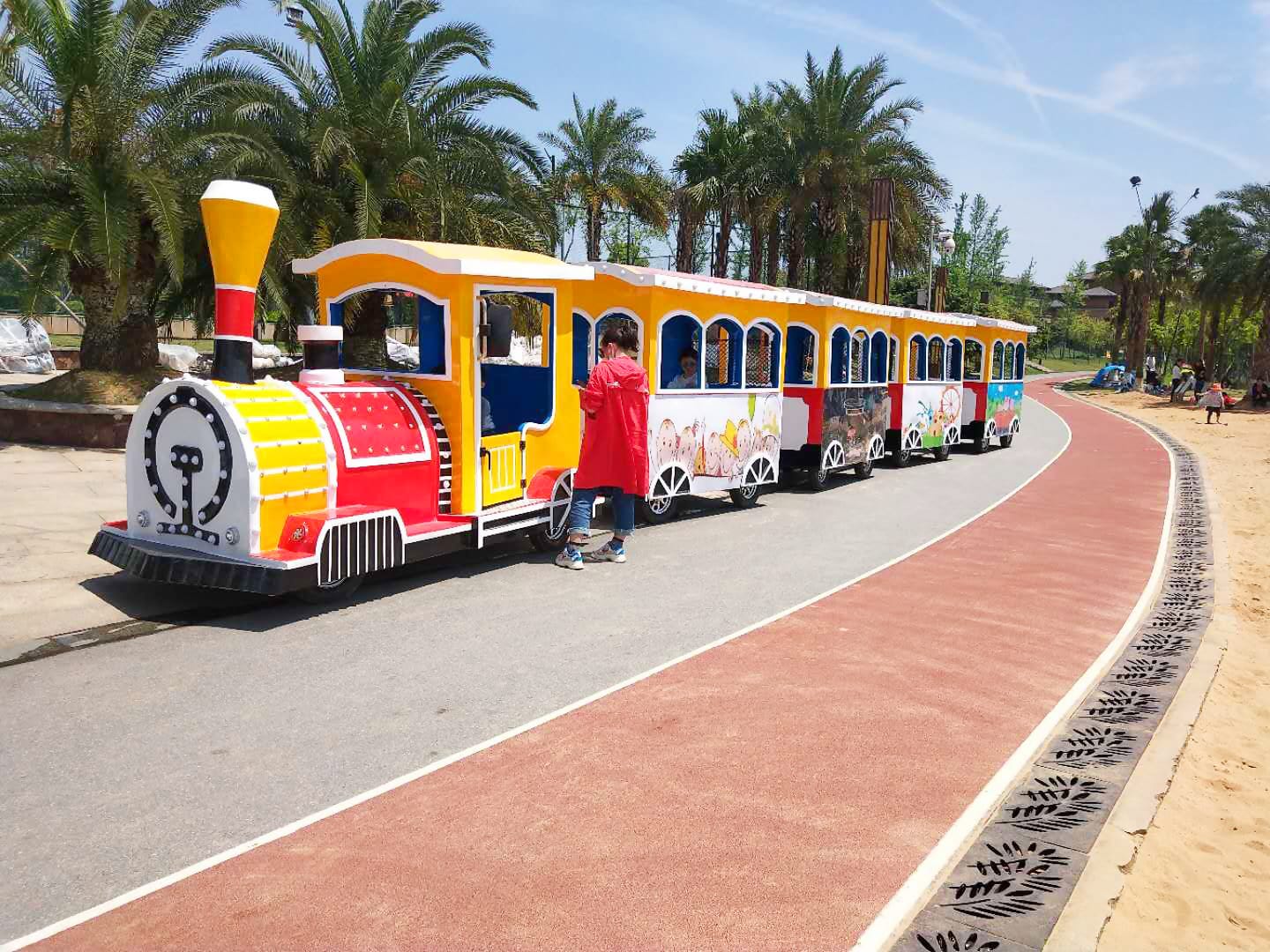Trackless train designed for children with colorful exterior