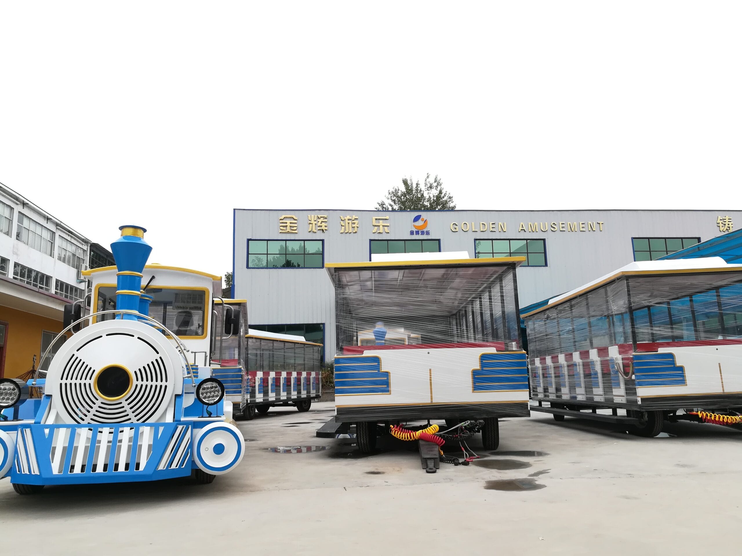 Custom vintage train with unique color scheme for theme park