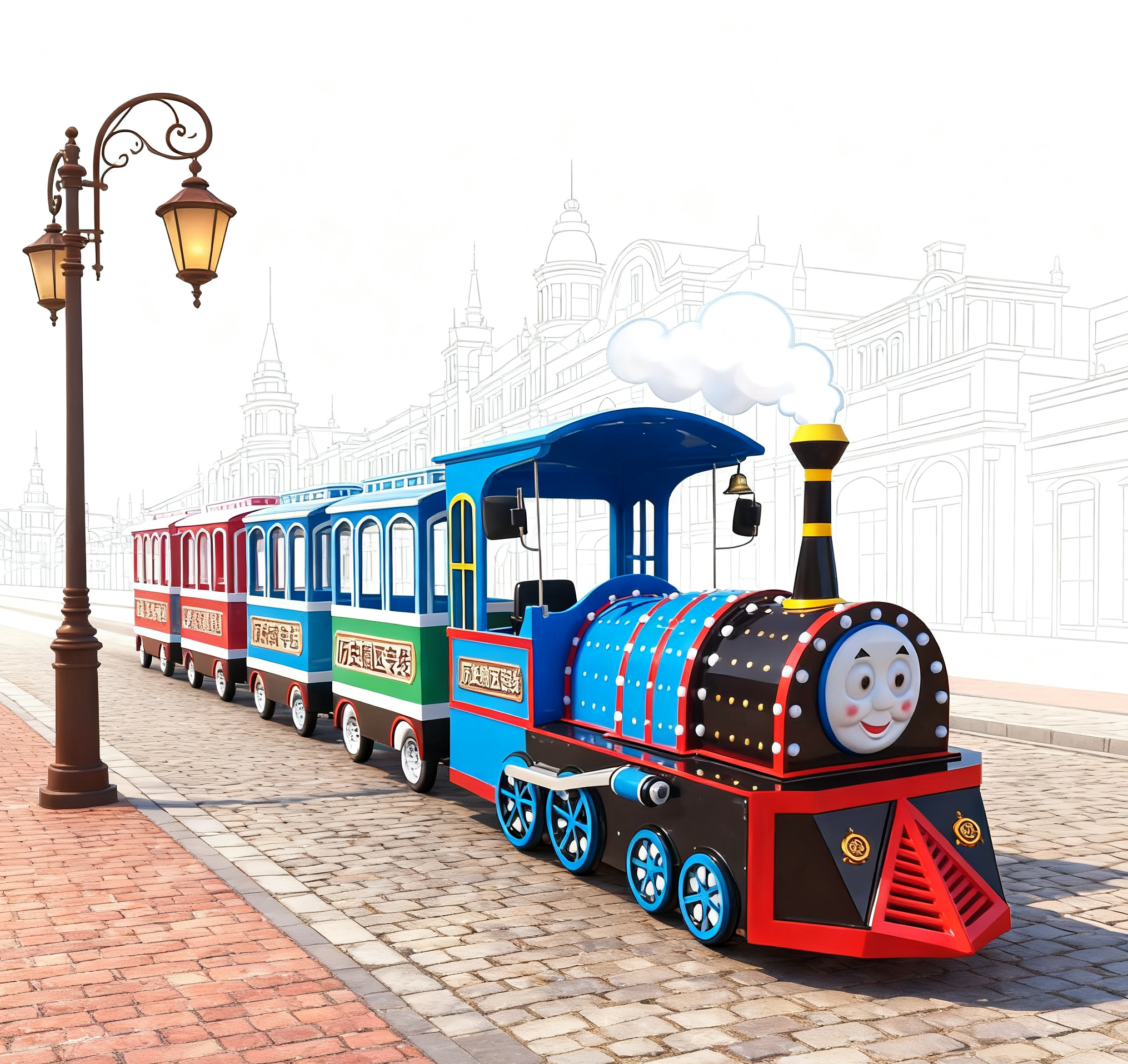 Vintage tourist train traveling through historic town center