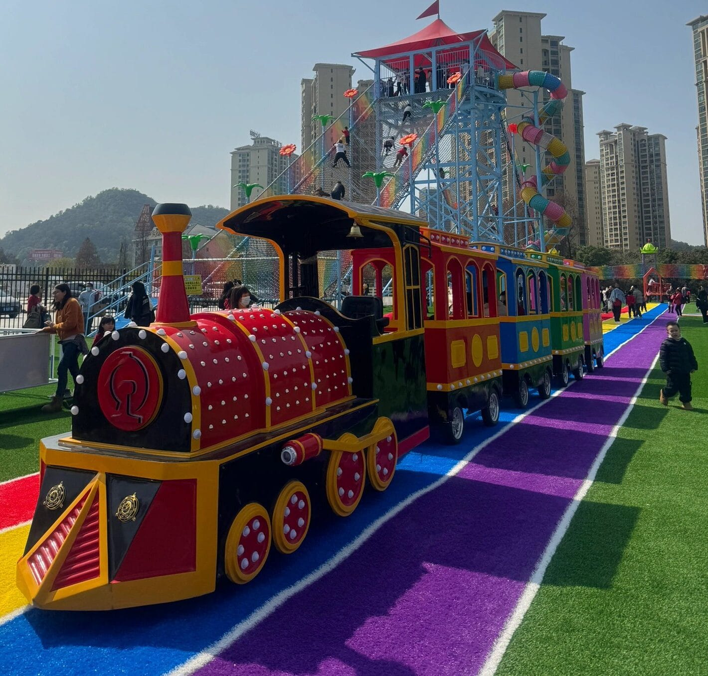 Vintage tourist train in historic town center