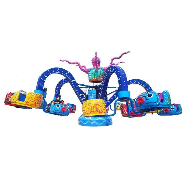 Colorful cartoon octopus amusement ride in operation