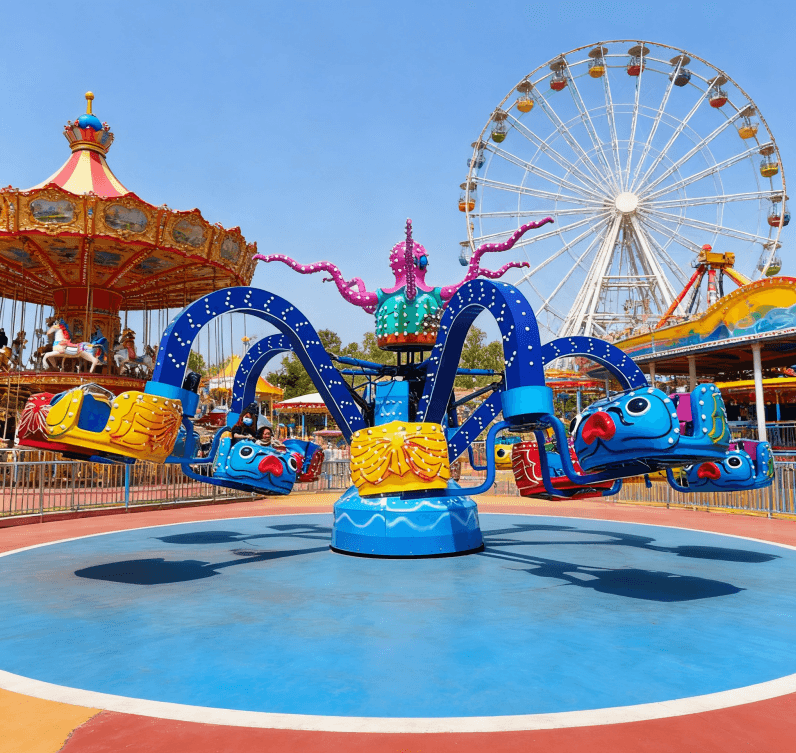 Colorful cartoon octopus ride features close-up