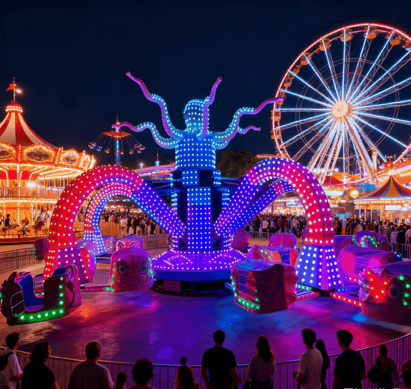Cartoon Octopus Swing Ride in action at amusement park