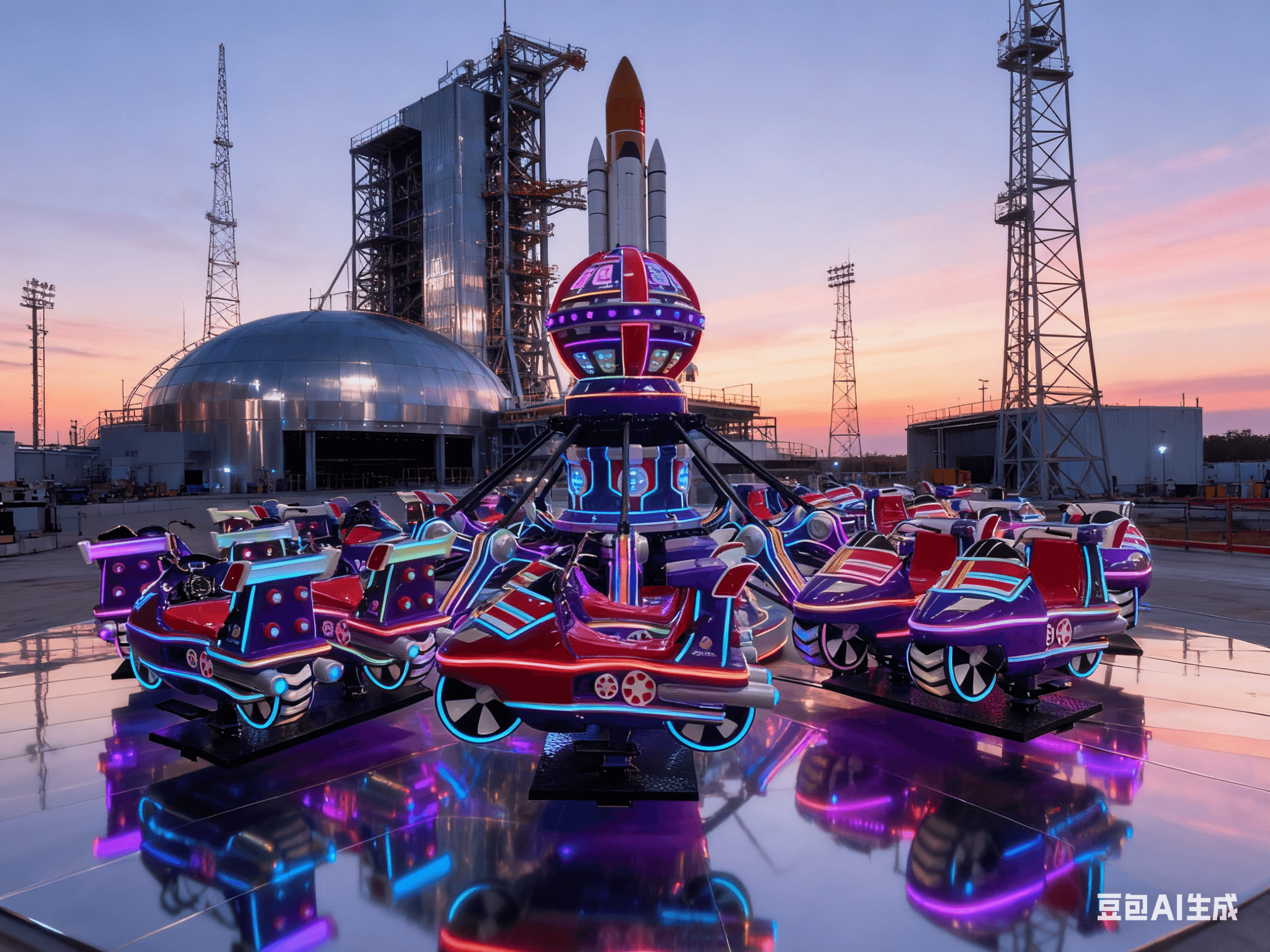 Space Ranger Ride at night showing colorful cosmic lighting effects