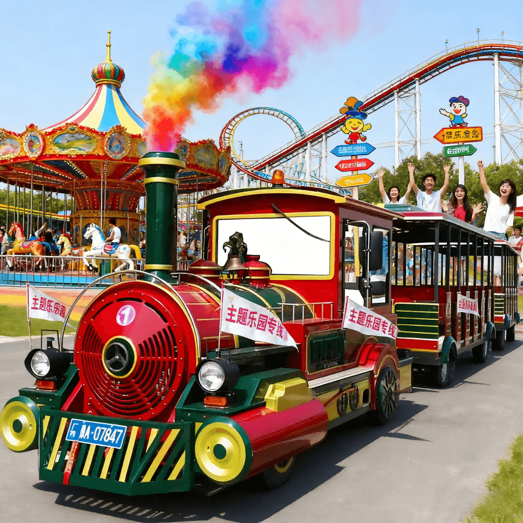 Vintage train in theme park setting