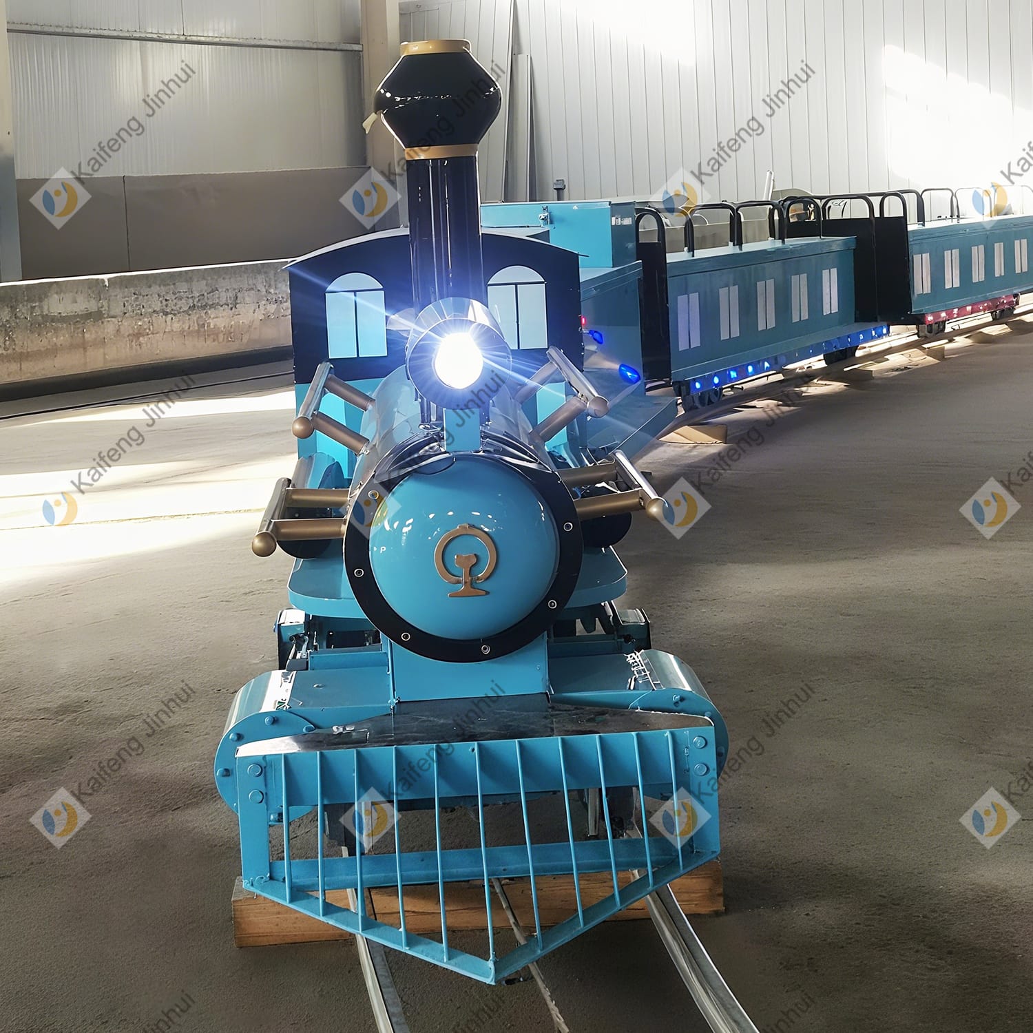 Track train front view showing battery powered design
