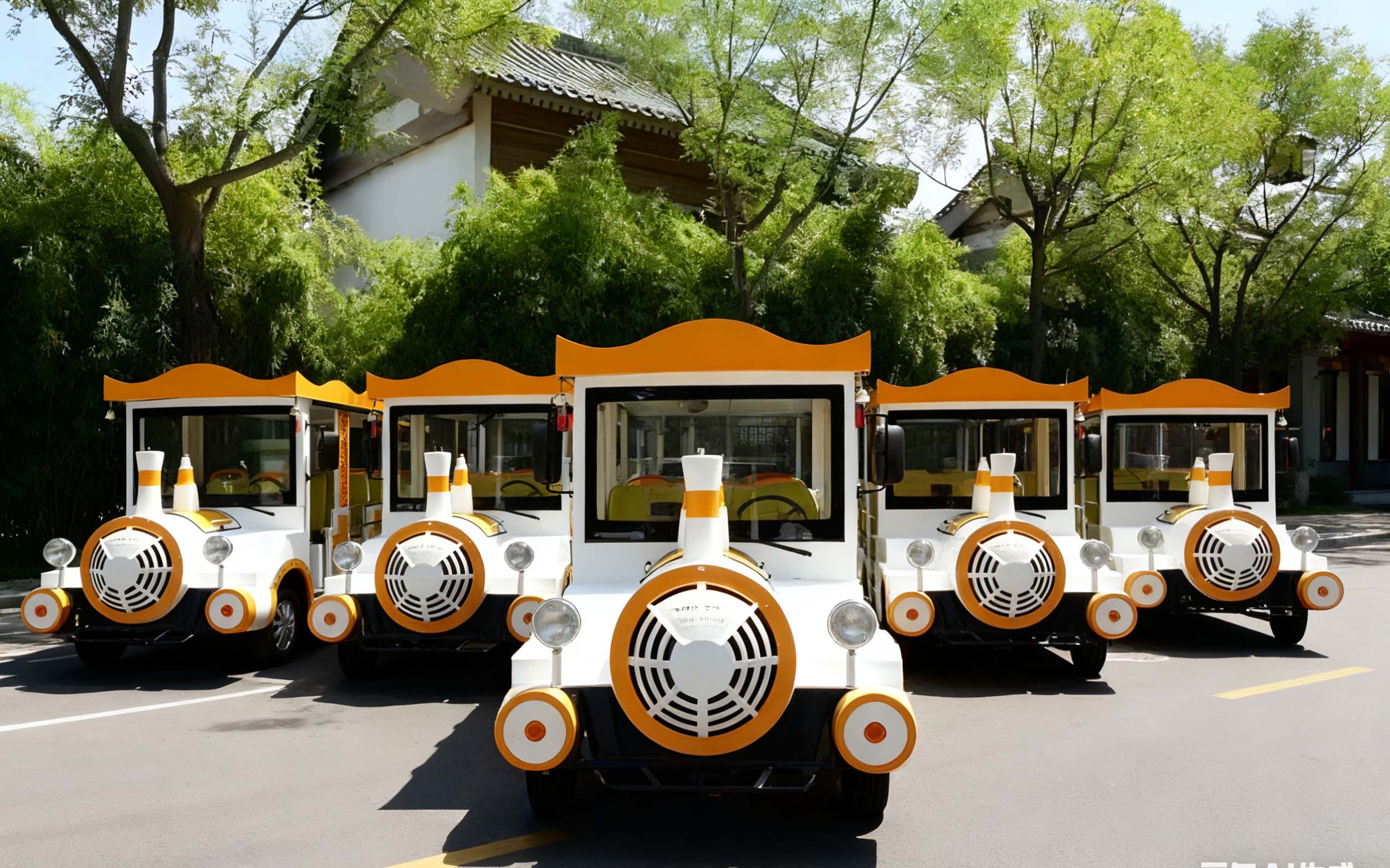 Close-up view of trackless train interior showing comfortable seating