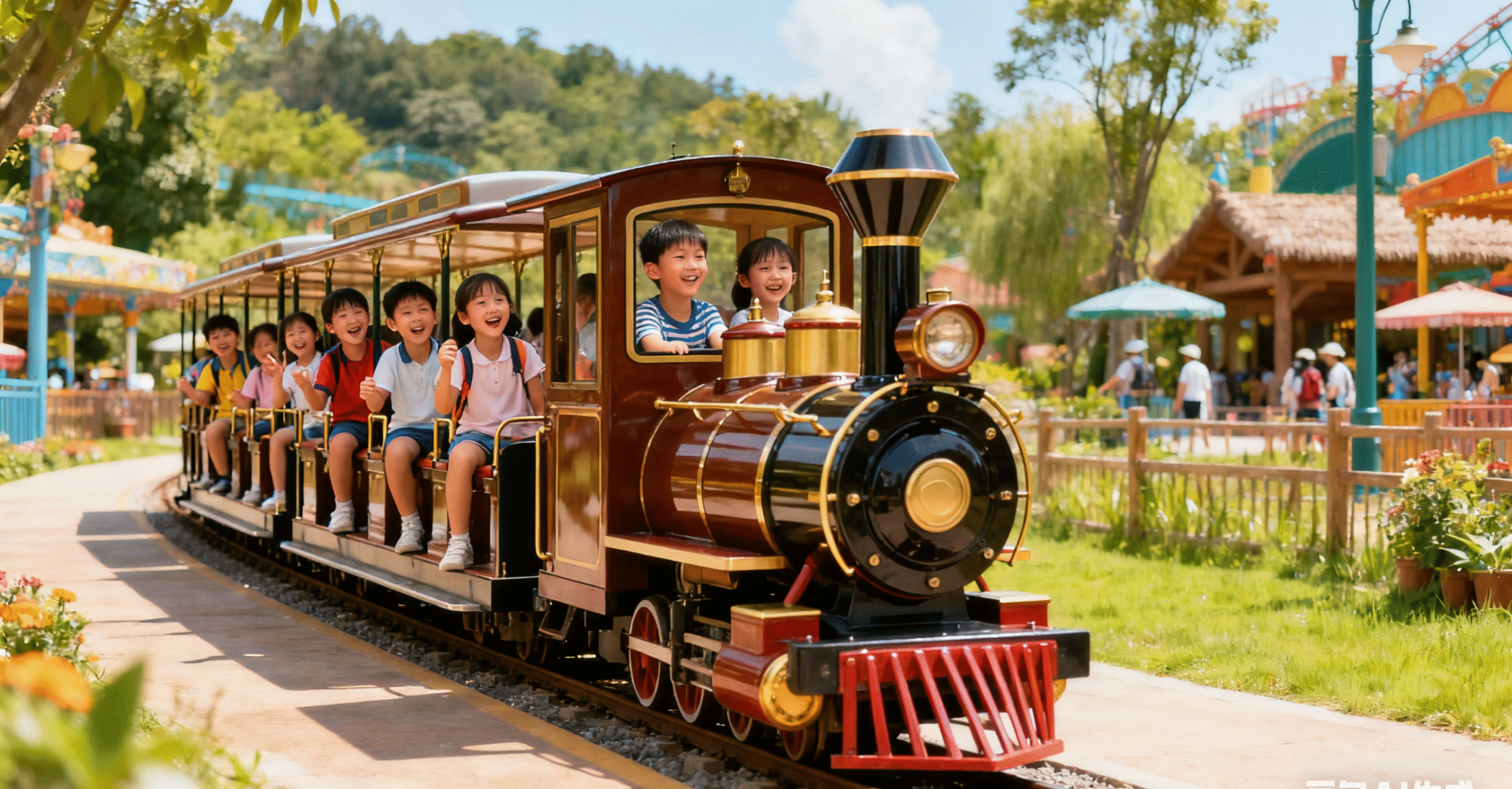 Vintage style tourist train with classic design elements traveling through scenic countryside
