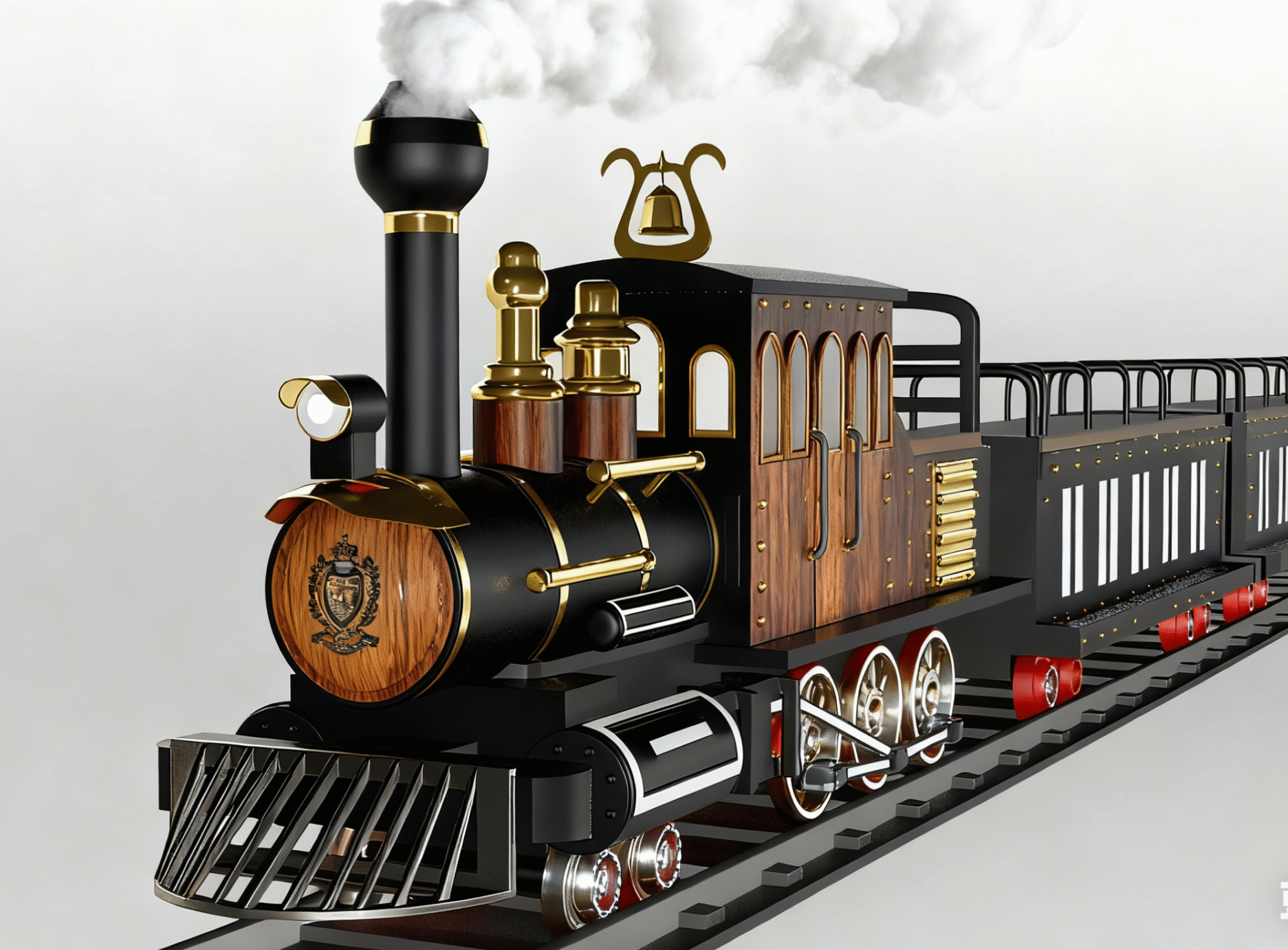 Front view of vintage tourist train with classic locomotive design