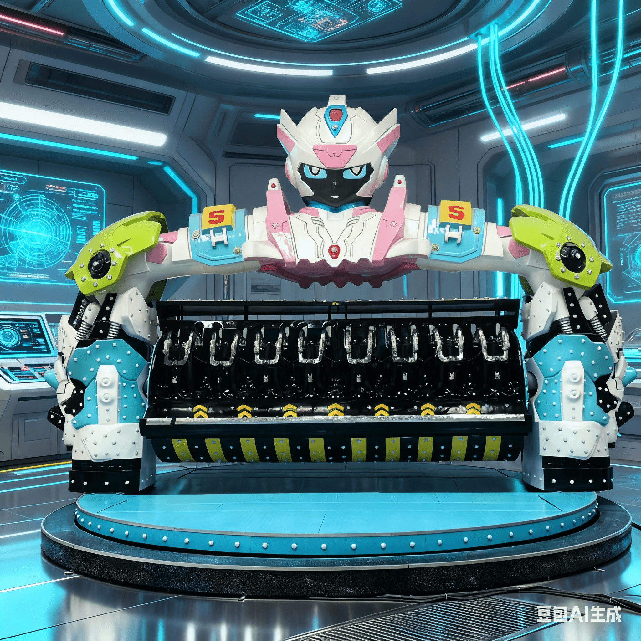 Interstellar Warrior amusement ride in operation with passengers enjoying the thrill