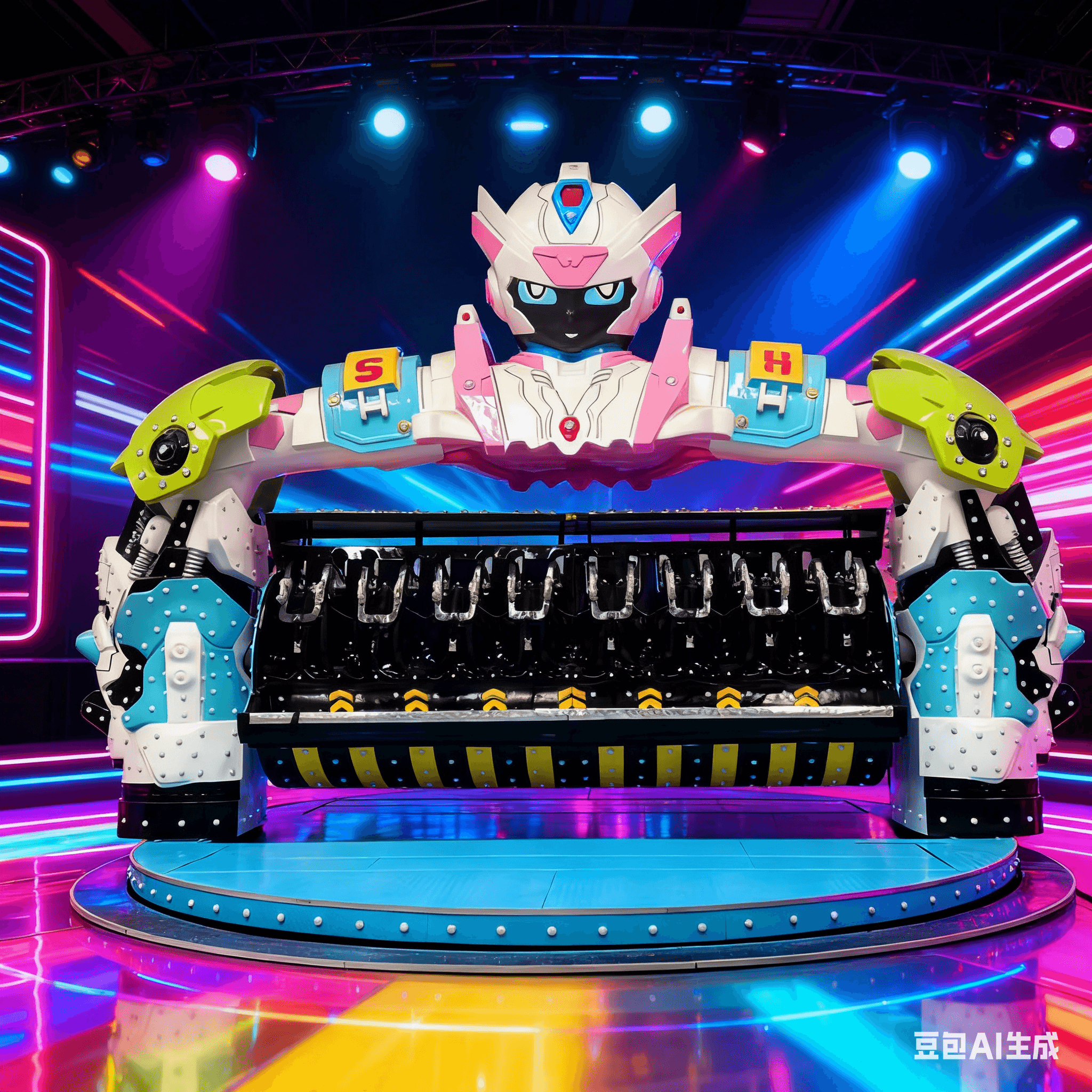 Interstellar Warrior amusement ride close-up view showing design details