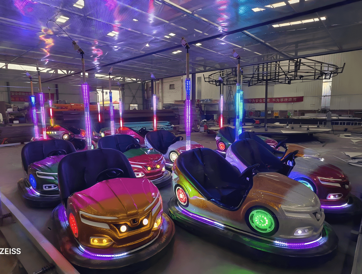 Ceiling grid bumper cars with overhead power grid