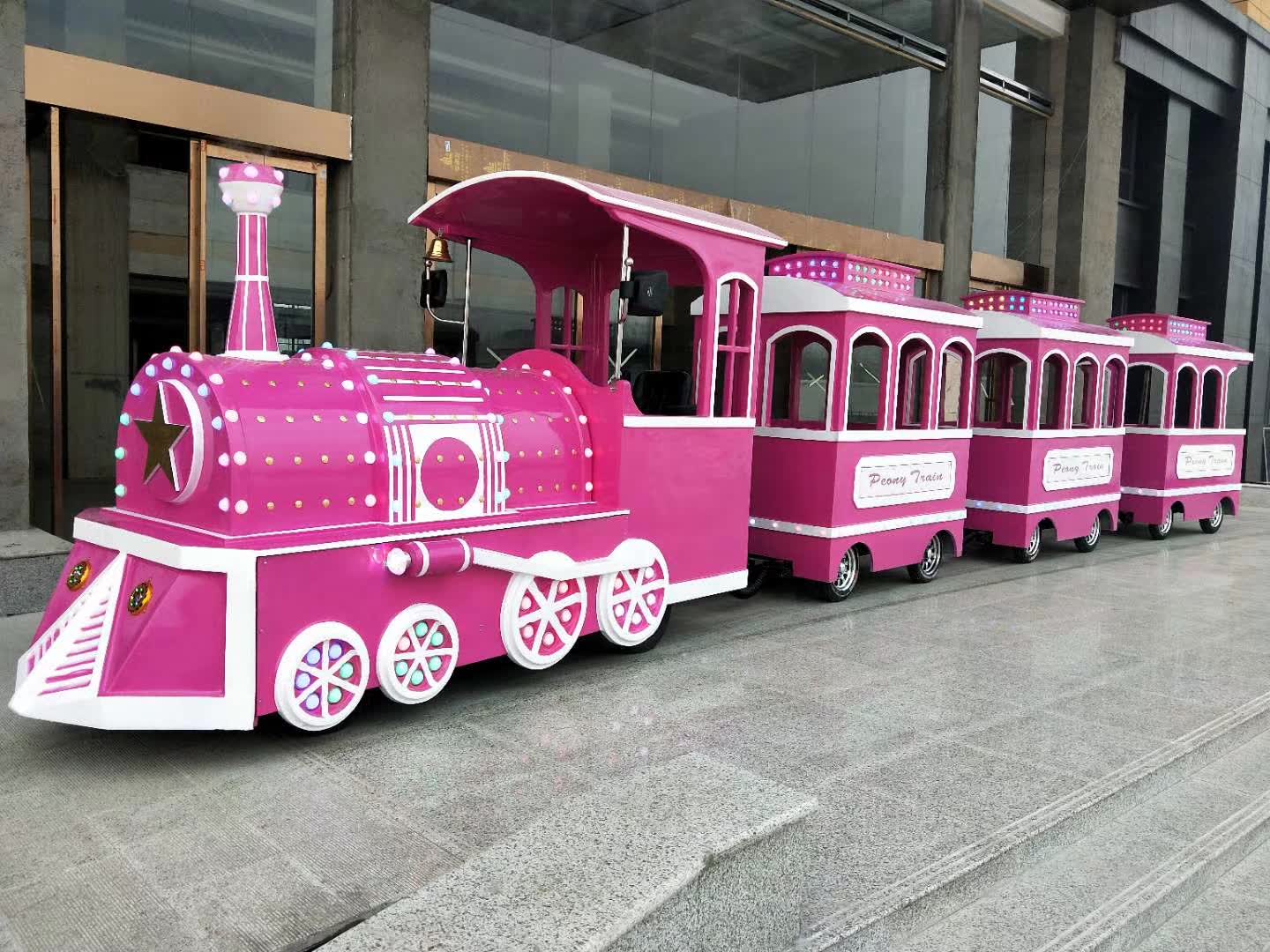 Luxury trackless train with premium finishes and large windows