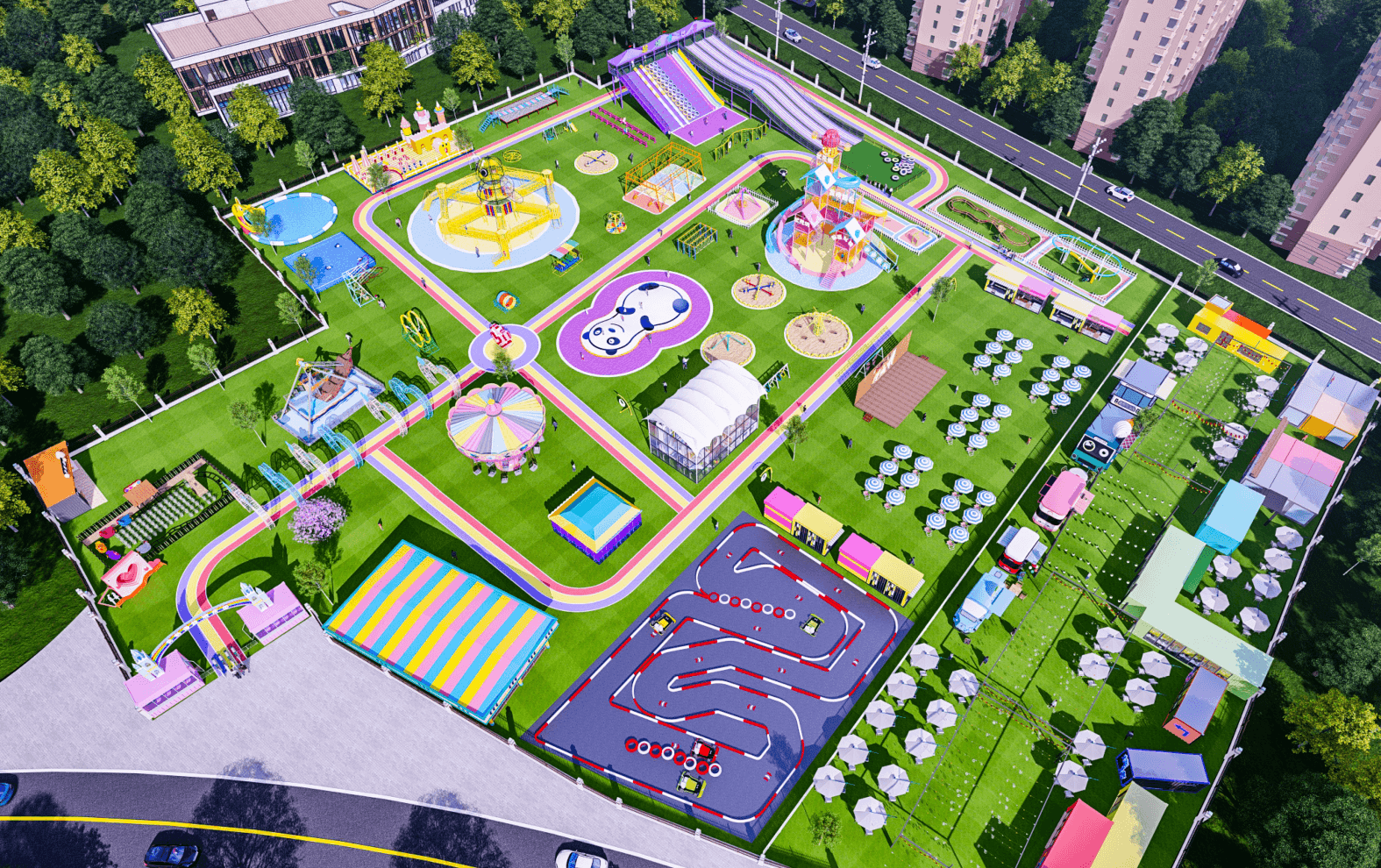 Amusement park with unpowered equipment